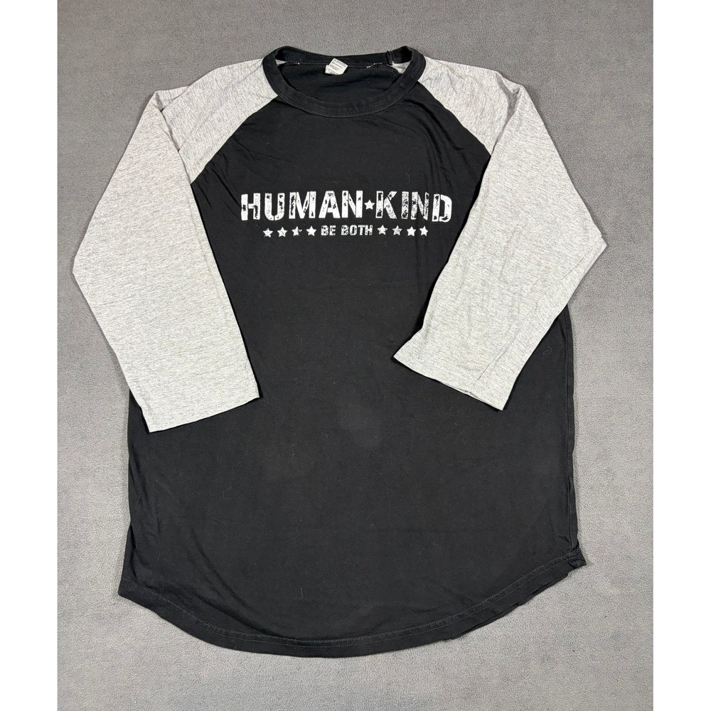 Cotton Heritage Baseball Tee Mens Large Black Gray Human Kind Be Both Graphic
